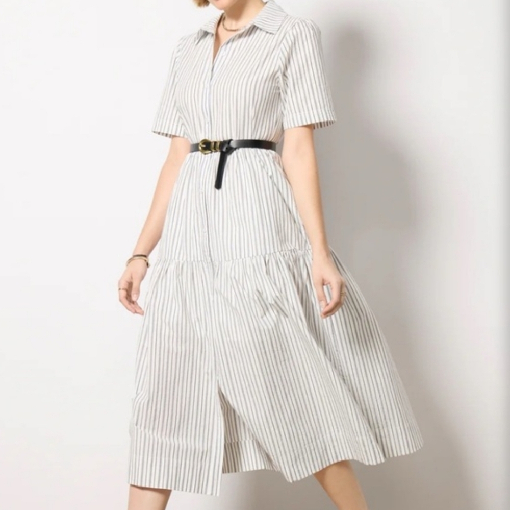 Evereve NWOT Ella Striped Tiered Midi Dress Cotton Collared Button Front Casual